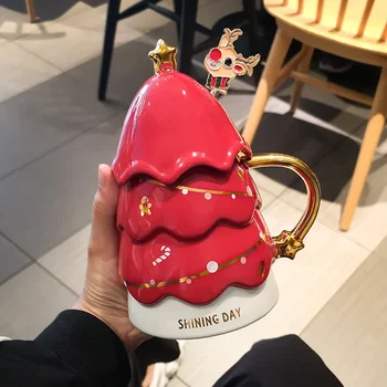3D Креативна керамична чаша във формата на елхи с капак, предотвращающая обжигание, чаша за чай с мляко, кафе, сок, Tazas, детски Коледен подарък