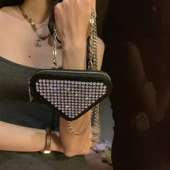 Мини триъгълни чанта с диаманти и червило с цип Фея Момиче, малка чанта за жени, портмонета, банкетни чанти стилен, уникален дизайн