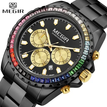 MEGIR Хронограф, кварцови часовници за модерни мъже с кристали, стрелки, дата, каишка от неръждаема стомана, черни аналогови ръчни часовници за мъже