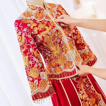 Булката, Дракон, Феникс, бродерия, Чонсам, Луксозно Старото Червено китайското сватбена рокля, на Традиционното женско Източното Ципао, изискана рокля