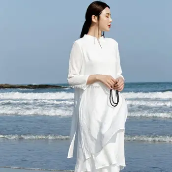 2023 нов китайски стил подобряване на рокля hanfu дзен-секси елегантна свободно памучни бельо китайски чонсам ретро комплект от две части на s384