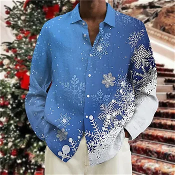Мъжки Коледа риза с 3D-принтом 2023 г., висококачествен топ С Дълъг ръкав и ревера на копчета, риза на Дядо Коледа