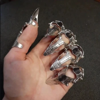 Модно панковское механично костяное пръстен от тъмен метал с нокът върху целия пръст Унисекс, регулируема верижка от костите на скелета, подарък за cosplay