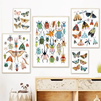 Платно с насекоми и пеперуди, плакат за детска и щампи, стенно изкуство, Детска стая, Декорация спални, Живопис за домашен декор