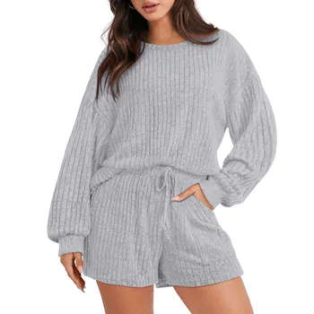 Жена пижамный комплекта, блузи с дълъг ръкав и кръгло деколте, къси панталони, Обикновен всекидневен безплатен комплект от две части, пролетно-есенна пижами, дрехи за почивка