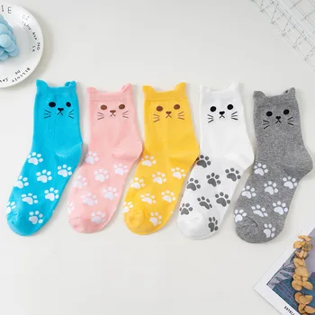 Дамски памучни чорапи с животни Есен Зима Пролет Сладък дамски чорапи с изображение на котка от картун Kawai Забавен чорап в корейски стил Подарък за момичета