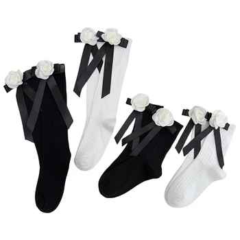 Японски дамски памучни чорапи Sweet Camellia Bow Middle Tube Ribbed Чорапи P8DB