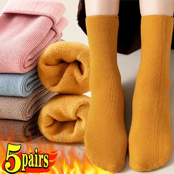 5 чифта Зимни вълнени топли женски чорапи, много Дебели Обикновена Кашмир чорапи, Чорапи от Мериносова вълна за защита от студ, сняг, Хавлиени чорапи за сън