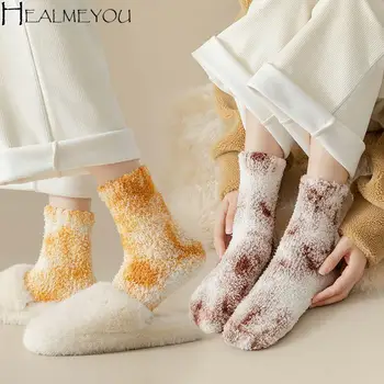 Топли Домашни Чорапи за сън, Полиестер, Есен-зима, Оцветител за вратовръзка, Чорапи, в средната част, Аксесоари за дрехи, Чорапи в Корейски стил, Дамски Чорапи