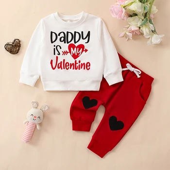 Облекло За Свети Валентин за малки момичета, hoody Daddy is My Valentine, дълги панталони Love Heart, комплект дрехи от 2 теми
