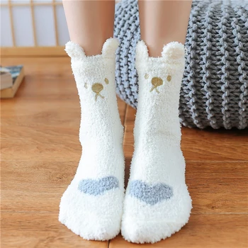Пухкави чорапи за краката, със средна дължина, плюс утолщающие топли чорапи от коралов руно, дамски зимни топли чехли за почивка, чорапи за сън