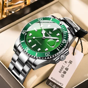 Модни зелени механични часовници FNGEEN за мъже, водоустойчиви мъжки часовници е от неръждаема стомана, най-добрата марка луксозни, автоматични часовници