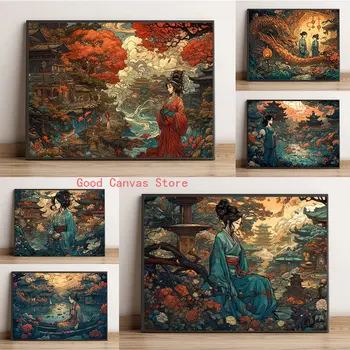 Традиционни азиатски художествени плакати, Манга, пейзаж, Порцелан живопис с маслени бои, платно, HD Печат, Абстрактна стенни картини за декорация на стая и дома