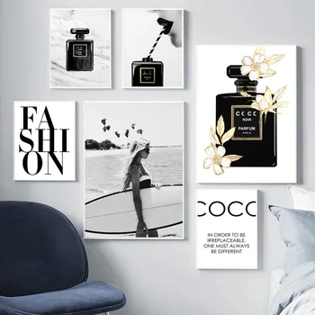 Модни цитати, плакат с принтом, Дамски парфюм, монтиране на изкуството, платно, живопис, черно-бели картини за всекидневна, декориране на дома, без рамка