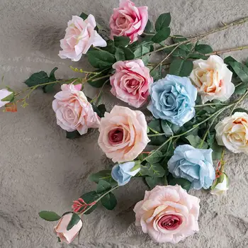 Цвете, ръчно изработени, реалистичен букет от изкуствени рози, 3 глави, имитации на ярки цветове, Сватбена аранжировка, удобни за дома