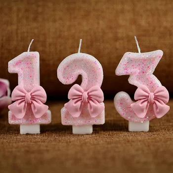 Розово лък, детски свещи за рожден ден, Броят на 0-9, Цветя, свещи за рожден ден за момичета, Украса на торта за 1 година