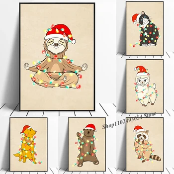 Животни, Коледни плакати върху платно, Забавно куче, котка, Ленивец, Фламинго, живопис върху платно, Стенни картина за вашия интериор-всекидневна, подаръци