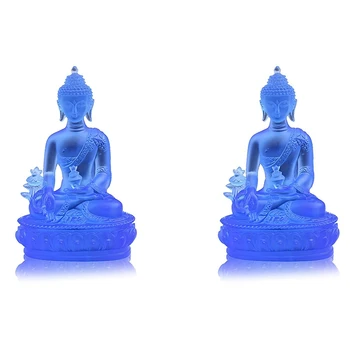 2X Статуя на Буда, Тибетска Медицина, Полупрозрачна Скулптура на Буда От Смола, Декор За Медитация, Духовен Декор, Артикул -Син