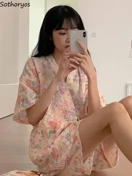 Пижамные комплекти Дамски Прости пижама с цветен печат на всеки ден В японски стил Летните Модни ежедневни студентски домашни Красиви дами с V-образно деколте Уютни Ins