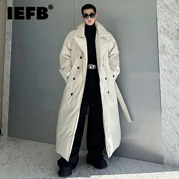 IEFB Зимна Мода Oversize Мъжки Дълга Стеганая яке Утолщенного Двубортного Futon Палто Однотонного Цветове В Корейски Стил С Колан 9C3853