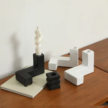 Модерен геометричен черно-бял керамичен свещник, декорация за хол, маса за хранене, декорация за ароматерапия, свещник за свещи