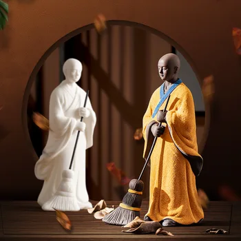 Креативен Монах за подметания пол Керамично украса Малък Монах в китайски стил, Офис украса на дзен-маса, украса, ръчно изработени