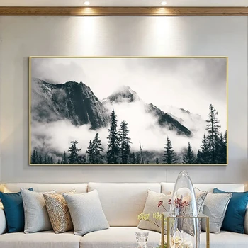 Черно-бял Планински Плакат с принтом върху платно, боядисване с природен пейзаж, Съвременно стенно изкуство, декорация за дома в хола, Куадрос
