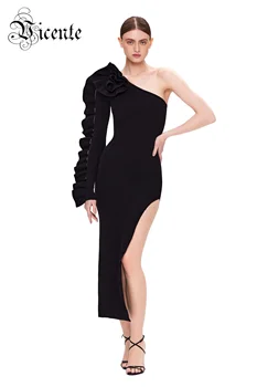 VC Модни официални рокли за жени, секси дълги рокли с едно рамо, нередовни, Черна бандажная дамски дрехи безплатна доставка