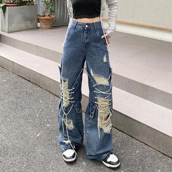Американската градинска дрехи, джинси с дупки, дънкови панталони в стил хип-хоп Y2K с висока талия, Harajuku, свободни ежедневни панталони Bf, универсални, Нови