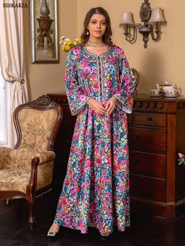 Скромно женствена рокля, Елегантни, ежедневни пролетта дълги рокли с флорални принтом, Лейси лента с V-образно деколте, Мюсюлманска мода, Абая Джалабият Рамадан