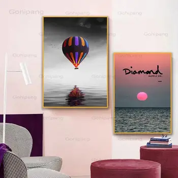 Картина върху платно, Скандинавски пейзаж Цветен балон Океана Залез слънце Лодката Снимки на Цветни художествени плакати за Декорация на дома в хола