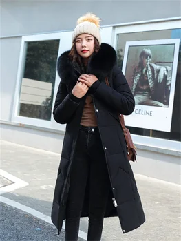 Пуховое памучни палто дамско черно дълго гъст топло меховое палто с качулка 2024 Зимата ново модно Корейското финото палто