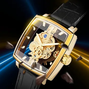 Най-добрите Луксозни Кухи Квадратни Мъжки часовник Gold Gear Модерен Бизнес Универсални Светещи Водоустойчив Немеханические Кварцов Часовник Мъжки Часовник