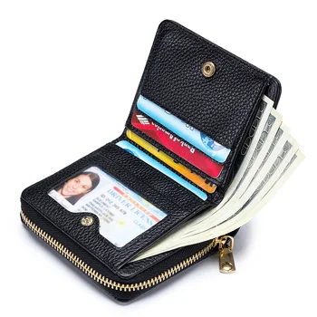 Кратък портфейл от естествена кожа, дамски модерен портфейл с цип държач за карти, малка чанта за карти, портфейл за дреболии голям капацитет, качество