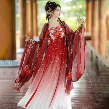 Китайското рокля Hanfu Женски Традиционното винтажное Hanfu Костюм за Cosplay на Хелоуин Лятото танцово рокля Hanfu Градиентный червен 3 бр. Комплекти
