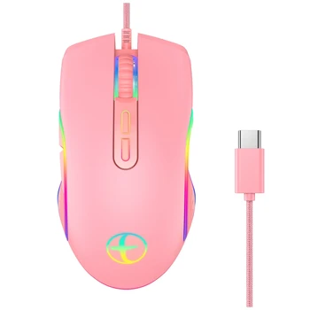 Детска мишка USB C, с разделителна способност от 3200 dpi, Компютърна Оптична Мишка Wried за PC Gamer RGB 4 С Дишаща led Подсветка, Розовият Модел Type-C