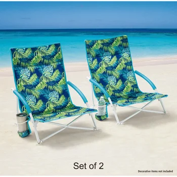 2023 2-Цялостно Плажна Стол-чанта с Мек Ниска Седалка, Тапицирани Подлакътници и Чанта За Носене, Зелена Палма