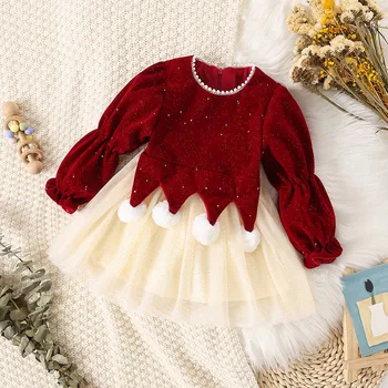 Есенно-зимния бебешка рокля, Коледна рокля на принцеса за момиченца, дрехи за предучилищна възраст, с дълъг ръкав, руното на окото с пайети, скъпа ежедневни облекла