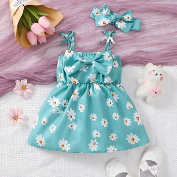 Уважаеми рокля с лък, за да има малышки darling син цвят с флорални принтом и колан